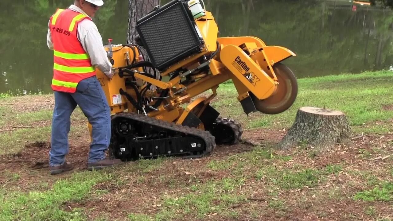 Stump grinding machine removing a tree stump